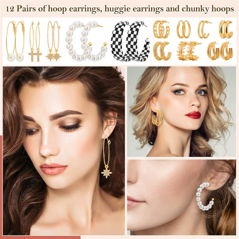 Thrilez 60 Pairs of Earrings for Women, Hypoallergenic Earring Set for Teen Girls Include Chunky Hoops, Huggie Earrings, Dangle Earrings, Pearl Ea...