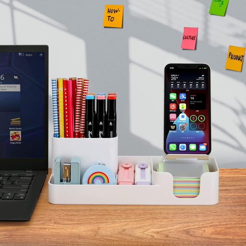 LETURE Pen Holder for Desk, Desktop Organizer with Mobile phone holder/Pencil Holders/Sticky Note Tray/Paperclip Storage and Office Stationery Acc...