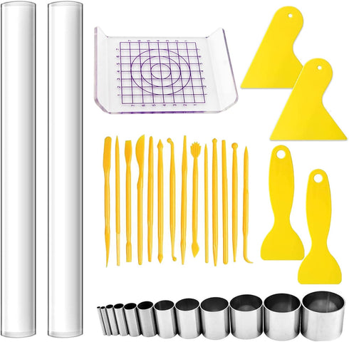 Allazone 33 PCS Acrylic Clay Cutter Set, Round Polymer Clay Cutters, Acrylic Clay Roller with Acrylic Sheet Backing Board, Plastic Scraper Clay DI...