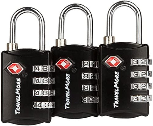 3 Pack TSA Luggage Locks with 4 Digit Combination – Heavy Duty Set Your Own Padlocks for Travel, Baggage, Suitcases & Backpacks - Black...