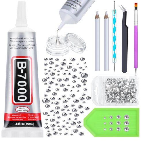 B-7000 Glue Clear for Rhinestone Crafts, B7000 Adhesive Jewelry Glue with Dotting Pen Tool, Wax Pencil and Tweezer for DIY Craft Face Makeup Shoes...