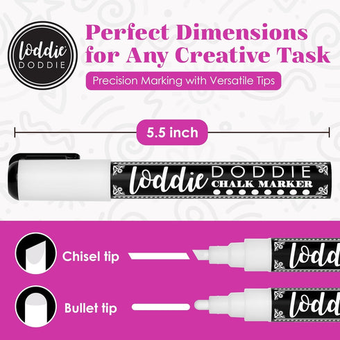 Loddie Doddie Liquid Chalk Markers - Pack of 4, 6mm White Chalk Markers for Chalkboard, Window, Glass & Bistro, Bullet & Chisel Tip - Erasable Ink...
