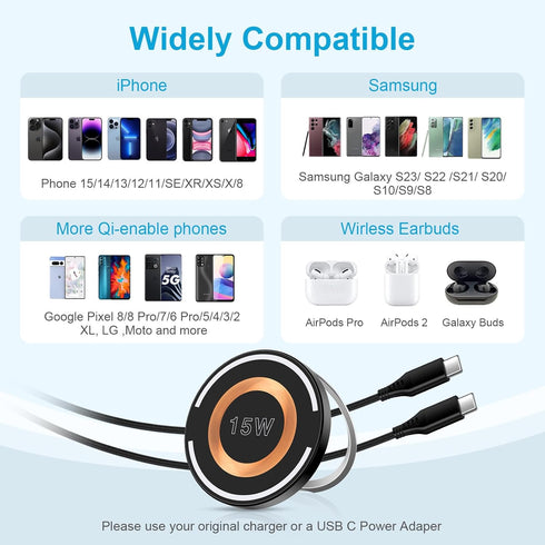 15W Magnetic Wireless Charger iPhone Fast Charging for Car Google Pixel 8 Pro/7/6/5/4/2XL Magnet Charger Cable Dock Compatible for MagSafe Charger...