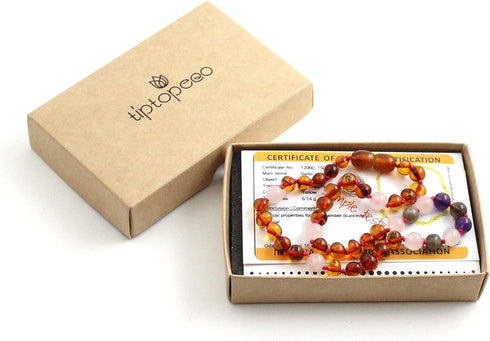 Baltic Amber Necklace with Rose Quartz Amethyst Labradorite (12.6 inches, Cognac/Pink)...