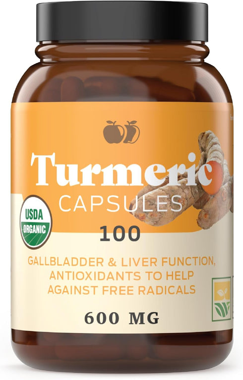 Organic Turmeric Capsules - Raw & Pure Curcumin Root Powder Supplement, 100 Capsules 600mg, Gallbladder, Liver, and Support...