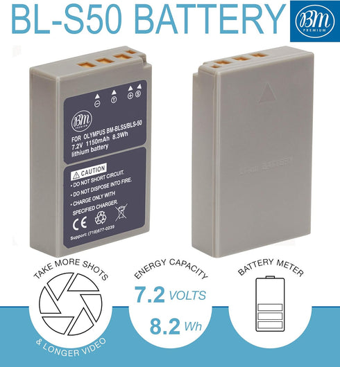 BM Premium 2 Pack of BLS-50, PS-BLS5 Batteries for Olympus OM-5, OM-D E-M5 III, E-M10, E-M10 III, E-M10 IV, E-PL7, E-PL8, E-PL9, E-PL10, Stylus 1 ...