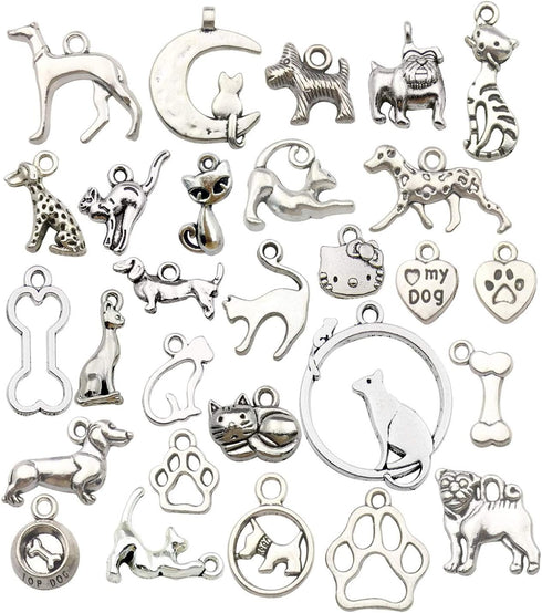 100g(80pcs) Craft Supplies Antique Silver Animals Cat Dog Pet Charms Pendants for Crafting, Jewelry Findings Making Accessory for DIY Necklace Bra...