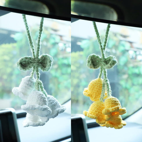 Mirror Hanging Car Accessories Cute Little Lily of The Valley, Hand Knitted Crochet Flower Decor for Mirror, Rear View Mirrors,Key Chains (Pink)...