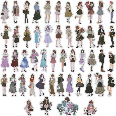 50pcs Fashion Japanese Uniform Cute Girls Stickers for Journaling Supplies?Hand Drawn Oil Painting Illustration Sticker for Bullet Journaling Supp...