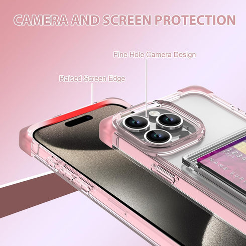 MZELQ for iPhone 15 Pro Max Case, Card Holder Camera Protection Cover + Screen Protector, Push-able Kickstand Case Four Corner Protection Shockpro...