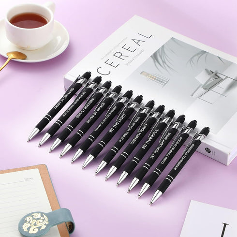 Zonon 12 Pieces Inspirational Motivational Quotes Ballpoint Pens with Stylus Tip Fine Point Smooth Writing Pens Metal Black Ink Pens Stylus Pen Se...