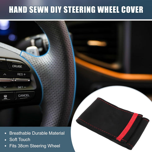 Car Hand Sewn DIY Steering Wheel Cover Breathable Comfortable 38cm Stitch on Wrap Cover Suede Red Black Stitches Red...