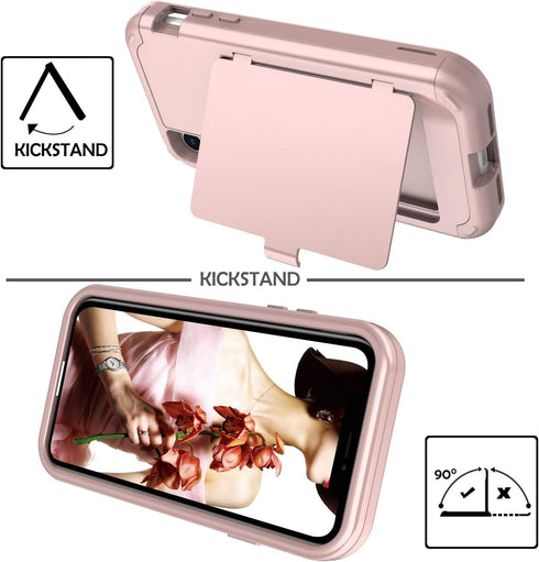 iPhone XR Wallet Case, Shockproof Heavy-Duty Hybrid Cover with Card Slot, Mirror & Kickstand, 6.1 Inch - Rose Gold...