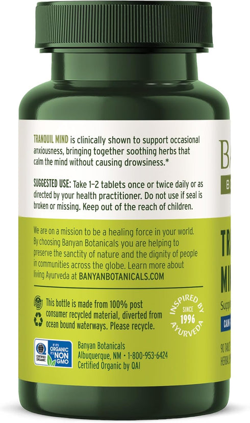 Banyan Botanicals Tranquil Mind – Organic Supplement with Guduchi, Gotu Kola & Skullcap – Supports Occasional Anxiousness & Promotes a Sense of Ca...