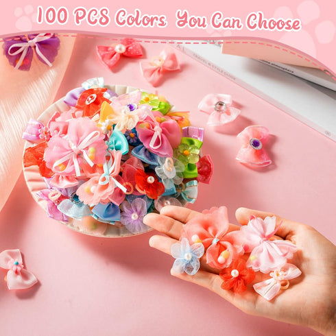 100 Pieces Dog Bows Cute Dog Puppy Hair Bows Multicolor Girl Dog Accessories Small Dog Hair Bows Bowknot Puppy Bows with Strong Rubber Bands and R...