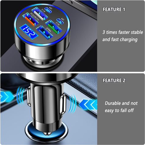 6 Ports Fast Car Charger with Voltage Monitor,Car Cigarette Lighter USB Charger (PD+QC3.0) Compatible with iphone13/14/15 & Most Android Models,Ca...