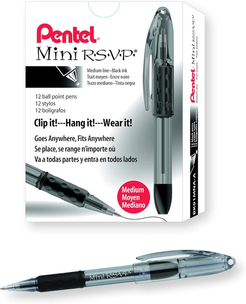 Pentel BK91MNA-A Pentel Mini R.S.V.P. Stick Ballpoint Pen, Translucent Brl, Black Ink, Med Pt, Pack of 12...