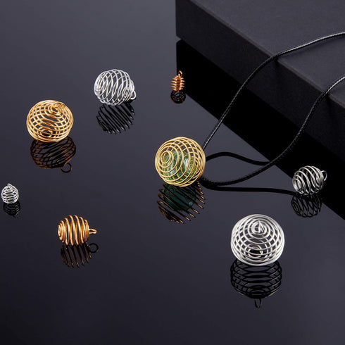 PH PandaHall 72pcs Spiral Bead Cage Pendants Set 48pcs 4 Sizes Iron Stone Holder Cage Necklace Pendants with 24pcs Leather Cord for Jewelry Making...