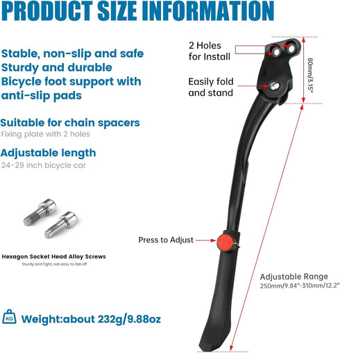 Bike Kickstand, 33-39cm Adjustable Aluminum Alloy Bicycle Stand for 24-29 inches Wheel Diameter Mountain Bike Road Bike...