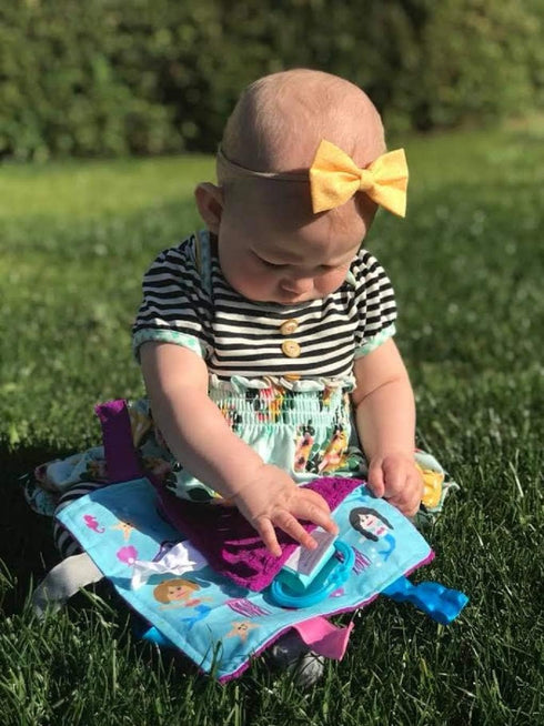 Baby Sensory, Security & Teething Closed Ribbon Tag Lovey Blanket with Minky Dot Fabric: 14”X18” (Mermaids and Narwhals)...