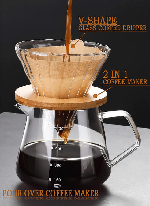 Pour Over Coffee Maker - 10 OZ /300ML Glass Carafe Coffee Server with Glass Coffee Dripper/Filter, Drip Coffee Maker Set for Home or Office, 1-2 C...
