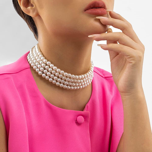 Multi Strand Pearl Choker Necklace Faux Pearls Necklace 4 Row Pearl Necklace 1920s Flapper Pearls Necklace Vintage Costume Short Pearl Necklace fo...