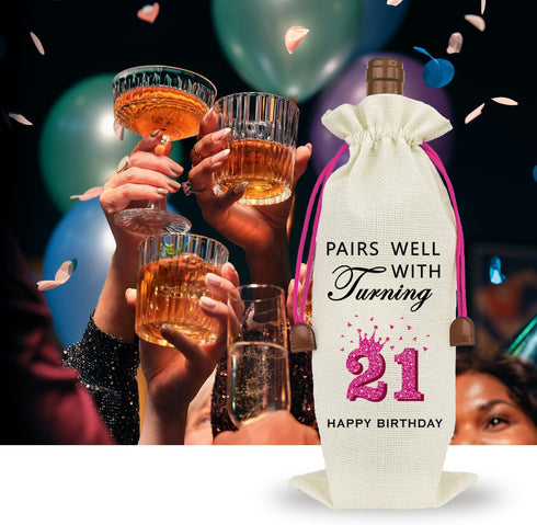 Raisingwell 21st Birthday Wine Bag, Funny Birthday Gifts for Her Him, Wine Champagne Gift Bag With Drawstring, Birthday Party Decorations For Wome...