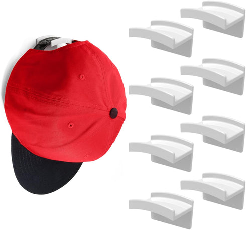 Modern JP Adhesive Hat Hooks for Wall (8-Pack) - Minimalist Hat Rack Design, No Drilling, Strong Hold Hat Hangers - USA Patented, White...
