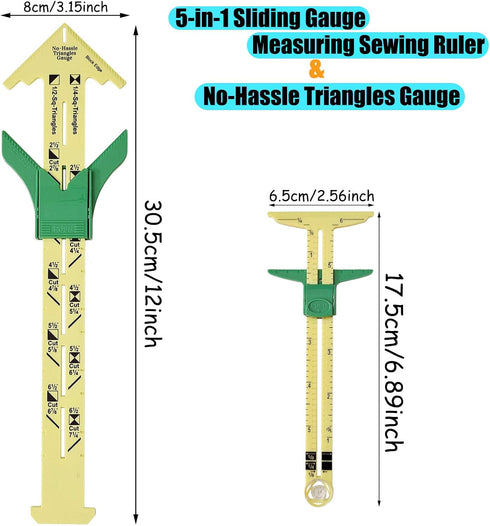 YEQIN 2 Pieces Handy 5-in-1 Sliding Gauge and No-Hassle Triangles GaugeSewing Measuring Tools, Plastic T Gauge Hem Gauge for Sewing Quilting. 2 Di...