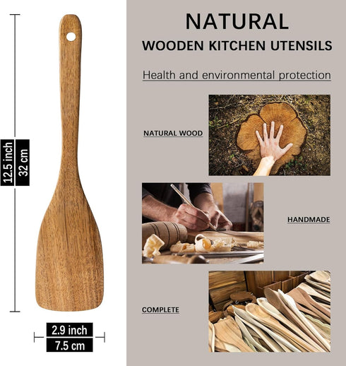 Curved Wooden Spatula for Cooking, 12.5inch Wood Turner for Frying, Non-Scratch Wood Flat Spurtle for Pan & Wok, Acacia Wooden Cooking Utensils fo...