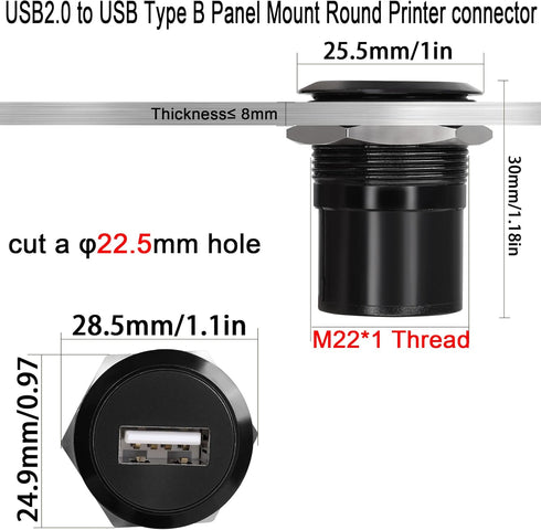 QIANRENON USB2.0 to USB B Threaded Fixed Printer Adapter USB2.0 Female to USB Type B Female Panel Mount Round Connector for PC Printer Scanner Lap...