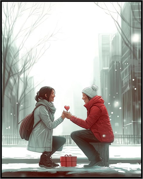 Posterizer 1 pcs-Valentine's Day proposal in a snowy park cute poster -3-Romantic Art-Holiday Poster Collection-Gift for Couples boyfriend girlfri...