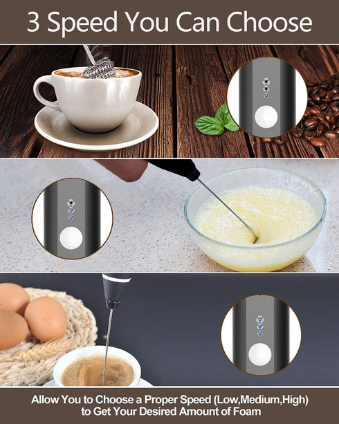 Rechargeable Electric Milk Frother - 3 Speeds, Stainless Steel Whisk for Bulletproof Coffee, Cappuccino, Chocolate, Tea, Matcha...
