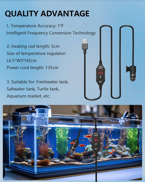 Submersible Aquarium Heater 10W, for 1-2 Gallon Tank, Adjustable for Fish Turtle Tank, with Built-in Digital Display Thermometer, USB 5V 2A Powere...