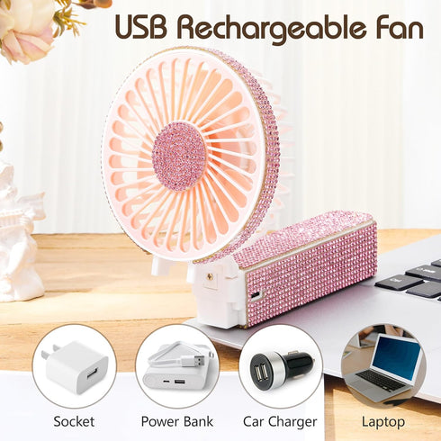 Mudder Crystal Bling Rhinestone Mini Handheld Fan Portable Usb Rechargeable Fan Battery Operated Small Folding Personal Fan for Girls Women Outdoo...