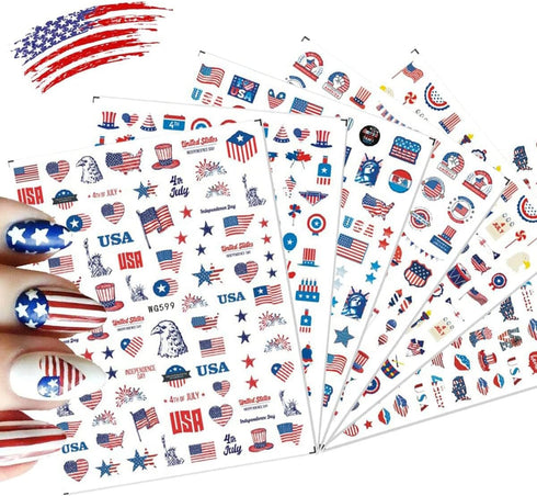 6Sheets Independence Day Nail Art Stickers 4th of July Nail Decals 3D Self Adhesive Nails Art Supplies Classics American Flag Eagle Heart Design S...