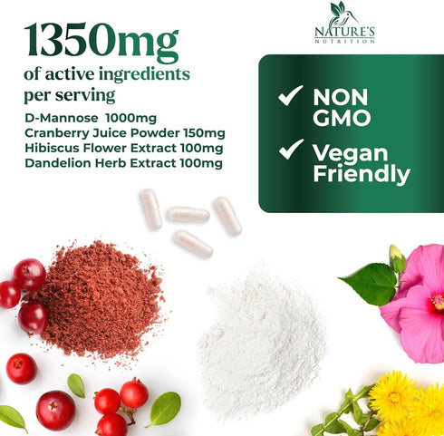 D-Mannose Supplement 1,350 mg with Cranberry & Hibiscus - Effective Fast-Acting, Flush the Impurities for Natural Bladder, Urinary Tract Health Su...