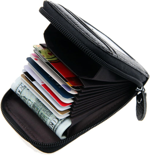 RFID Blocking Genuine Leather Mini Credit Card Case Organizer Compact Wallet with ID Window - Black...