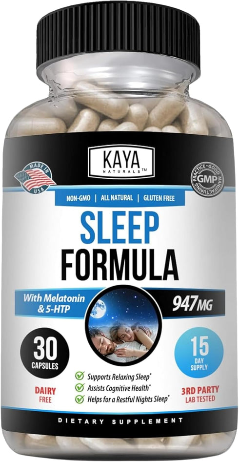 Kaya Naturals - Sleep Support Formula with Melatonin - Aid Support Vitamin Supplement - Sleep Stress and Mood Support - L-Tryptophan, Passion Flow...