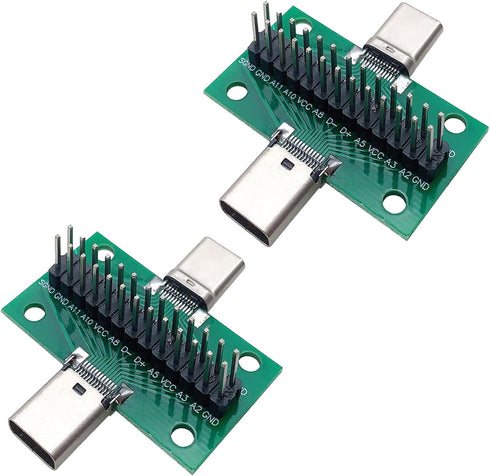2 Pcs USB 3.1 Type-C Male to Female Test Board with PCB Board 24 Pins 2.54 mm Double-Sided Socket with pin Header Connector for Date Line Wire Cab...