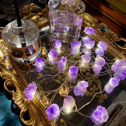 Genuine Amethyst Crystal Decorative Lights Cute Fairy String Lights 10ft 30 Natural Stones with Remote for Bedroom Hanging Ornaments Reiki Party N...