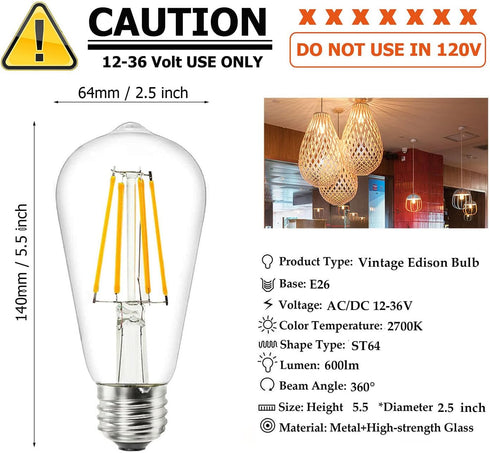 DC 12V ST64 LED Light Bulb 2700k 6W Warm White LED Edison Filament E26 Screw Base Lamp DC Low Voltage RV Marine Boat Classic Industrial Prop Retro...