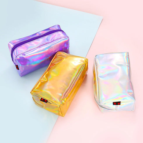 Teensery PU Leather Holographic Makeup Pouch Cosmetic Bag Waterproof Toiletries Organizer Pen Bag for Women and Girls (Purple)...