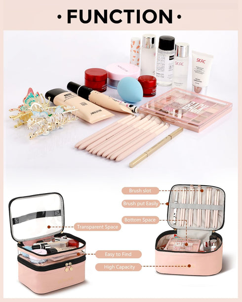 Cosmetic Bags for Women Clear Leather Double Layer Makeup Bag - Large Travel Skincare Bag For Travel Organizer Toiletry Bag - Pink...