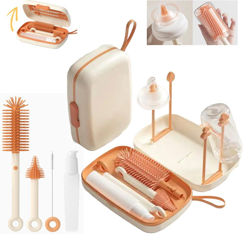 Travel Bottle Cleaner kit, 7in1 Baby Travel Essential Silicone Travel Bottle Brush Set, Nipple, Drying Rack, Straw, & Breast Pump Cleaning, Soap D...
