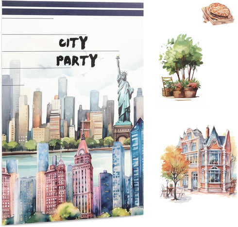 Landscape and City Themed Scrapbook Journaling Stickers, 150 Die-Cut PET and Washi Paper Sticker Book for Junk Journaling, Collage, Craft Projects...