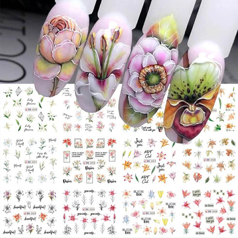 12 Sheets Lily Flowers Nail Stickers Water Transfer Decals Slider Nail Art Decorations White Flower Green Leaf Geometric Line Sliders Spring Flora...