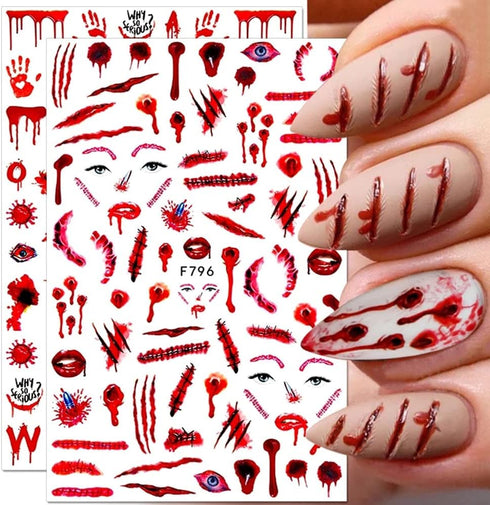 Halloween Nail Art Stickers Blood Nail Decals, 6 Sheets 3D Self Adhesive Halloween Nail Art Supplies Sticker Blood Scar Clown Eye Halloween Nail D...