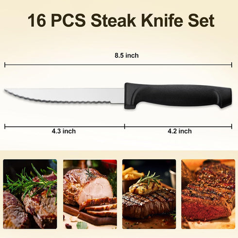 Pleafind 16-Pcs Steak Knives, 8.5 Inch Serrated Knives, Stainless Steel Steak Knives, Meat Knife for Table, Elegant Black Steak Knife Set for Home...