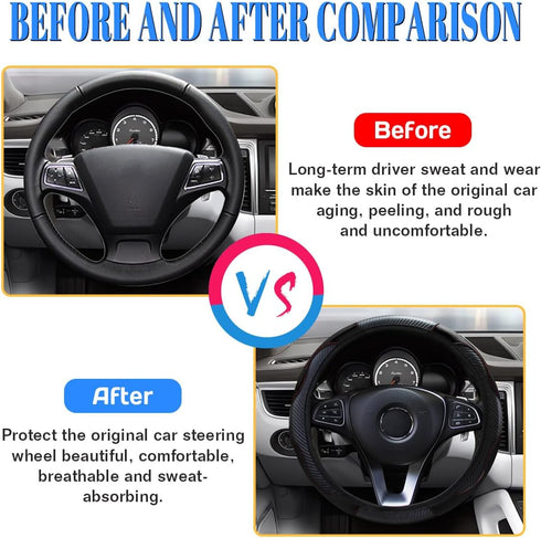 15 inch Car Steering Wheel Cover, Carbon Fiber Microfiber PU Leather Elastic Steering Wheel Protector for Men Women, Anti-Slip Breathable Car Inte...